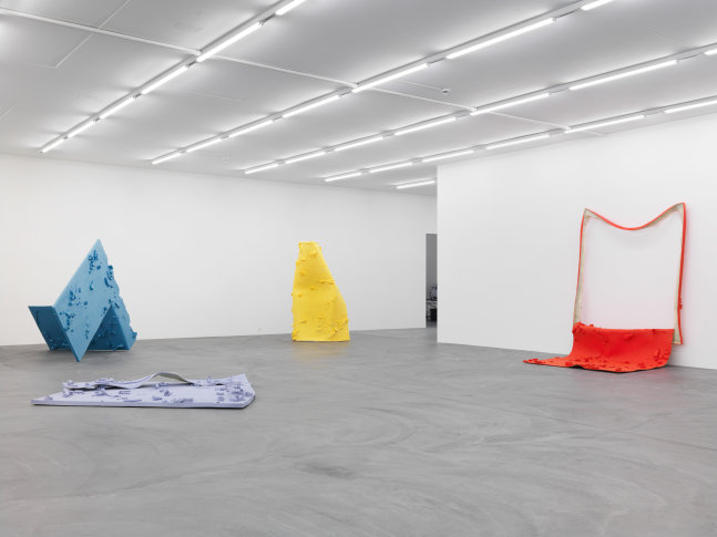 Installation view of Alex Hubbard sculptural paintings and film exhibition