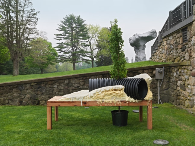 Installation views of sculpture by Oscar Tuazon