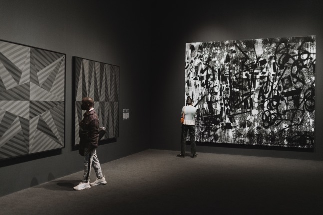 installation view of black and white painting by Adam Pendleton