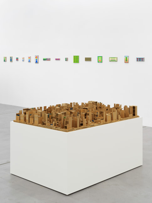Installation view of Jean-Frédéric Schnyder paintings and cardboard sculpture exhibition