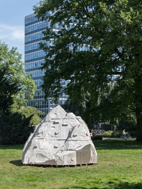 Outdoor view of Justin Matherly sculpture, Nietzsche's Rock 2017 Concrete, fiberglass, ambulatory equipment, wood, metal 350.5 x 701 x 299.5 cm / 138 x 276 x 118 in