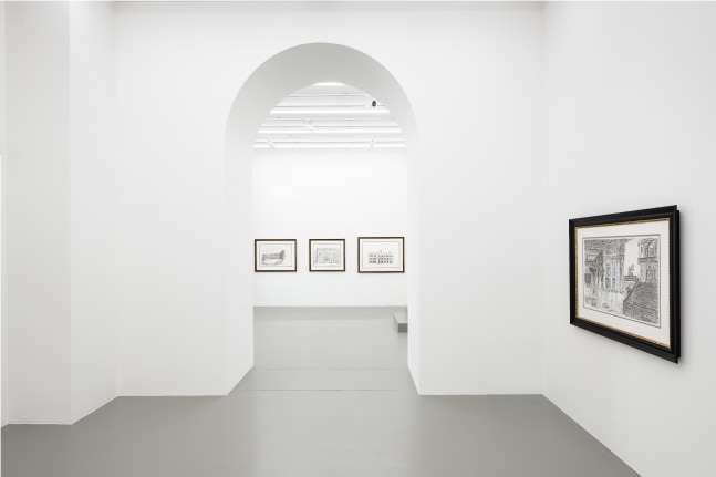 installation view of drawings and paintings by Karen Kilimnik