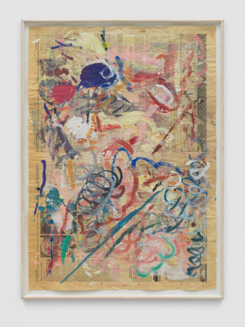 Pezi in der Emiglia mit Ossi O.

1983

Gouache on newspaper

Sheet 79 x 56 cm / 31 1/8 x 22 in

Frame 84 x 61 x 3 cm / 33 1/8 x 24 x 1 1/8 in

&amp;copy; Archiv Franz West &amp;copy; Estate Franz West