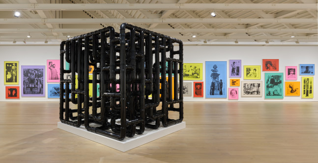 Installation view of sculptures, screen prints, paintings and drawings by Steven Shearer