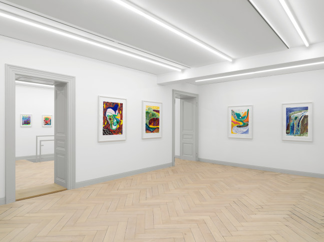 Installation view of Shara Hughes paintings and works on paper exhibition