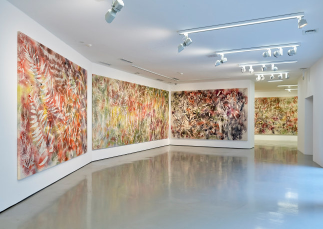 Installation view of paintings by Sam Falls