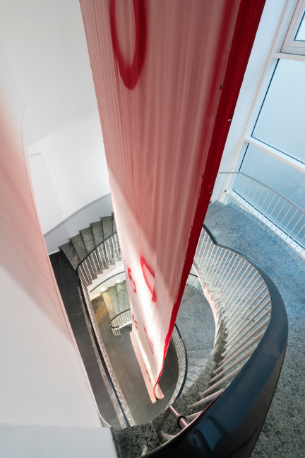 Installation view of paintings by Sam Falls