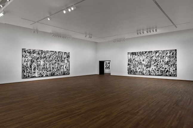 Installation view of black and white paintings by Adam Pendleton