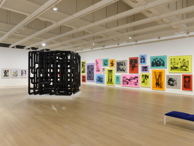 Installation view of sculptures, screen prints, paintings and drawings by Steven Shearer