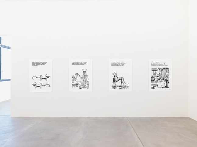 Installation view of Liam Gillick wall-based graphic works and wall hangings exhibition
