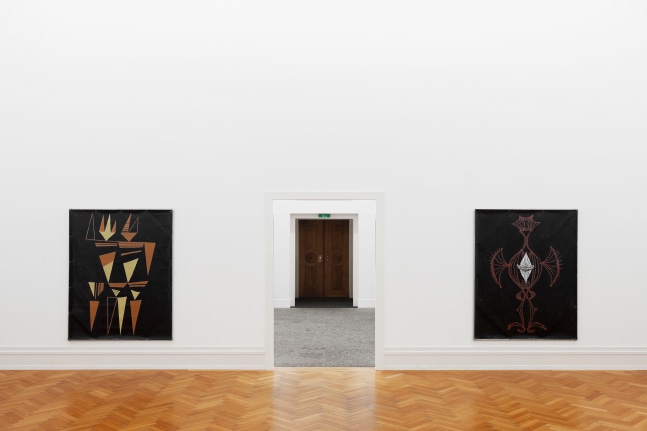 Installation views of paintings by Valentin Carron