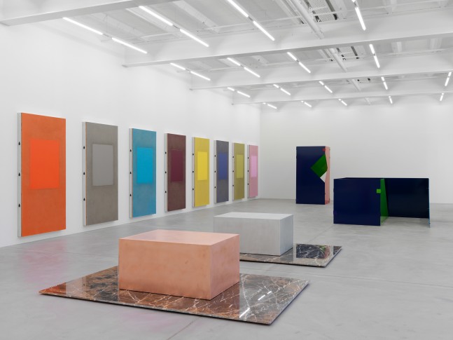 Installation view of Sam Falls paintings and sculptures exhibition