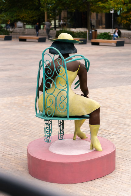 Installation view of sculpture by Tschabalala Self