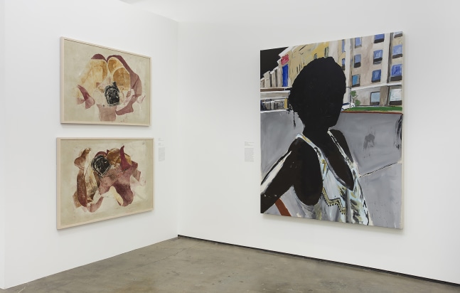 Installation view of paintings by Tschabalala Self and works of other artists