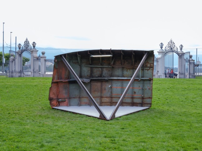 Installation view of sculpture by Oscar Tuazon