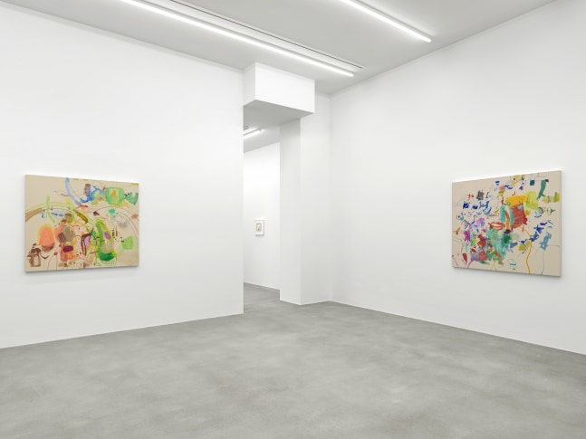 Installation view of Sue Williams painting and collage exhibition
