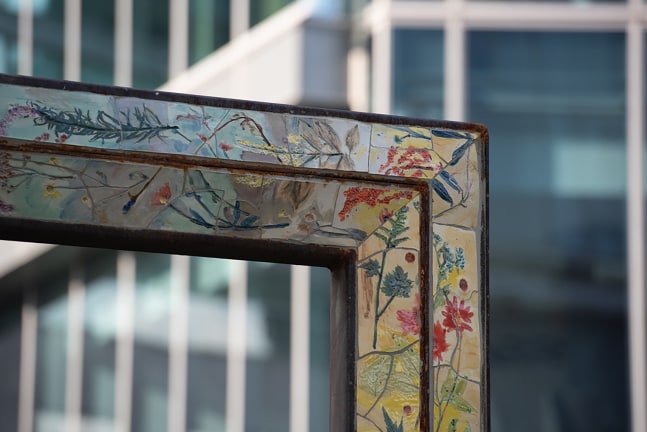 Installation view of outdoor sculptures by Sam Falls