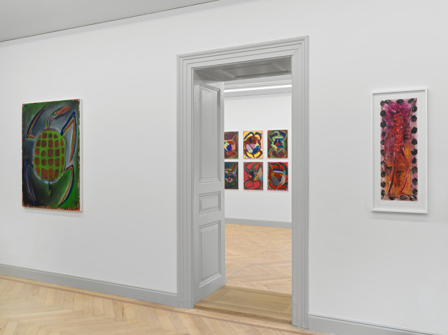 Installation view of Josh Smith paintings, monotypes, and ceramics exhibition