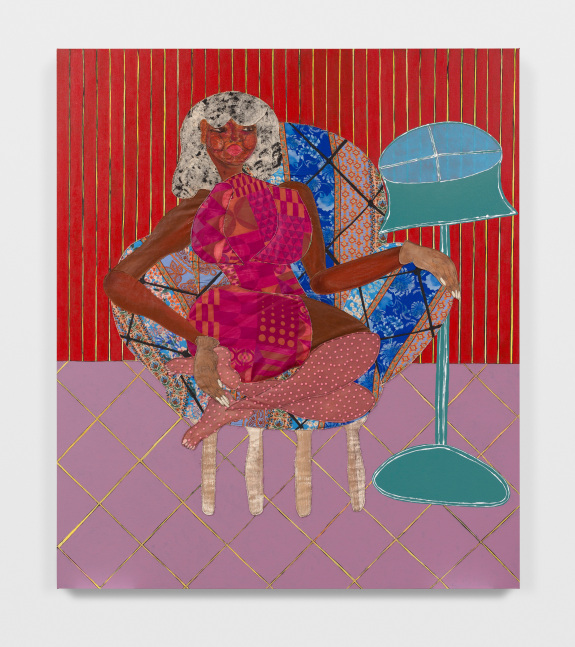 Ch&amp;eacute;rie

2024

Acrylic paint, oil pastel, fabric, thread, painted canvas on canvas

213.5 x 183 cm / 84 x 72 in

&amp;copy; Tschabalala Self