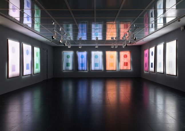 Installation view of paintings by Sam Falls