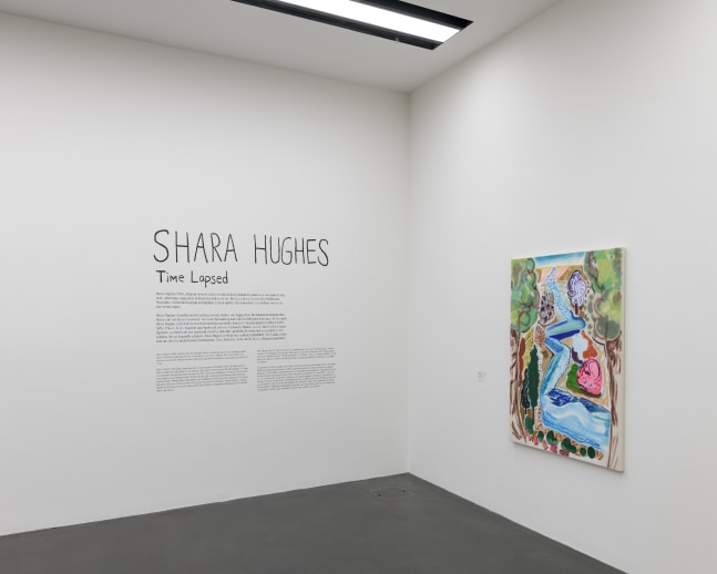installation view of colorful paintings by Shara Hughes