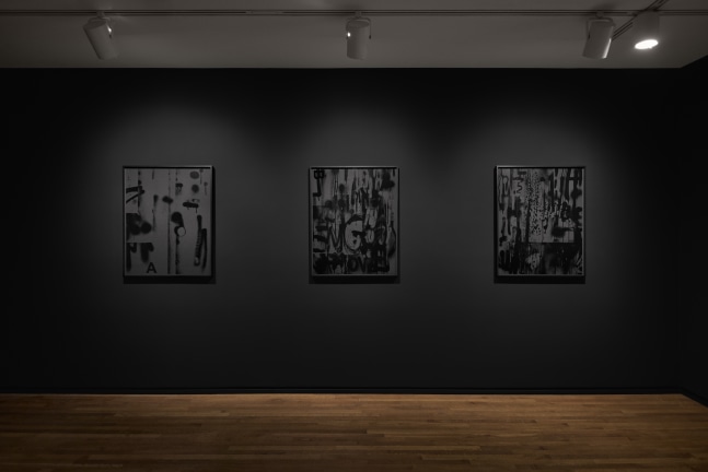 Installation view of black and white paintings by Adam Pendleton