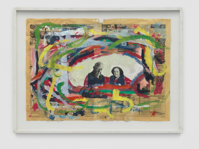 Verschmitzter Calder &amp;amp; fr&amp;ouml;hliche Colette (alt) (aus dem Zyklus &amp;quot;Eternisierte Eud&amp;auml;monie&amp;quot;)

1983

Collage, gouache on newspaper

Sheet 56 x 79 cm / 22 x 31 1/8 in

Frame 69.5 x 93 x 3 cm / 27 3/8 x 36 5/8 x 1 1/8 in

&amp;copy; Archiv Franz West &amp;copy; Estate Franz West