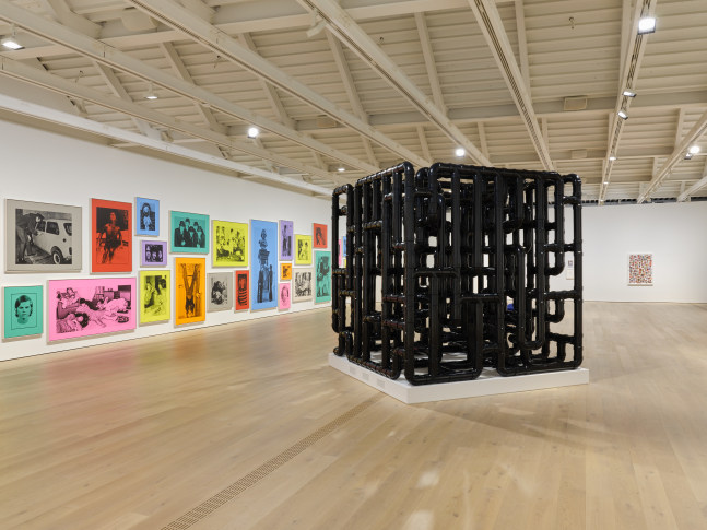 Installation view of sculptures, screen prints, paintings and drawings by Steven Shearer