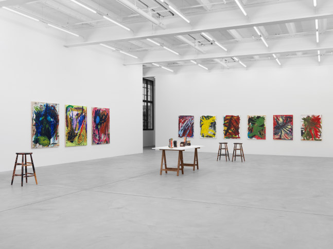 Installation view of Josh Smith paintings and ceramics exhibition