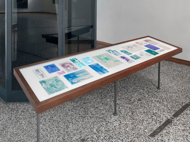 Installation view of drawings by Steven Shearer