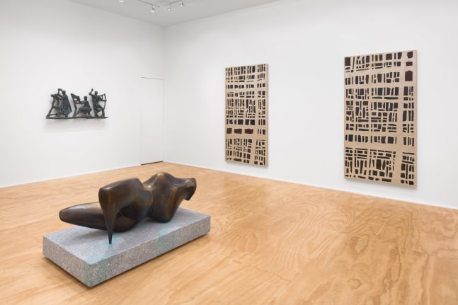Installation view of sculptures and wall works by Valentin Carron