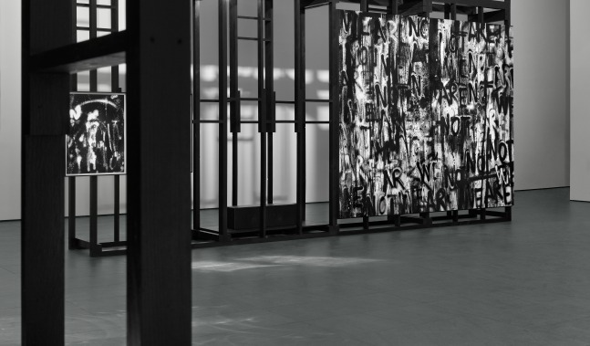 Installation view of paintings by Adam Pendleton