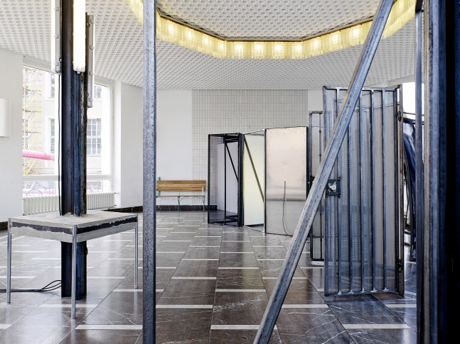 Installation view of sculptures by Oscar Tuazon