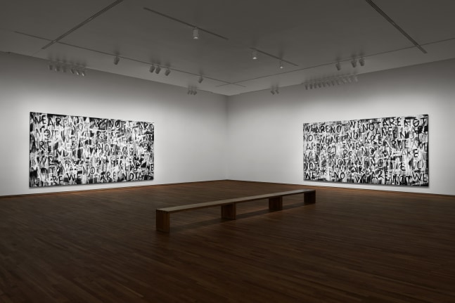 Installation view of black and white paintings by Adam Pendleton