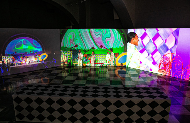 Installation view, Tschabalala Self, The Bigger Picture, Melina Merkouri Art &amp;amp; Concert Hall, Hydra, 2024