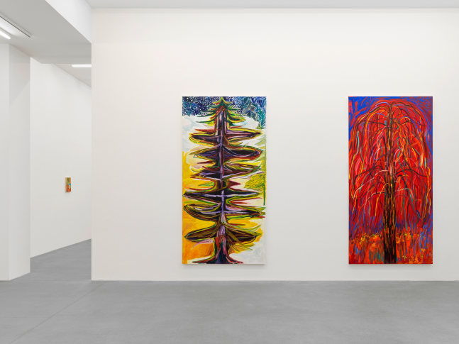 Installation view, Shara Hughes, Tree Farm, Galerie Eva Presenhuber, Waldmannstrasse, Zurich, 2024