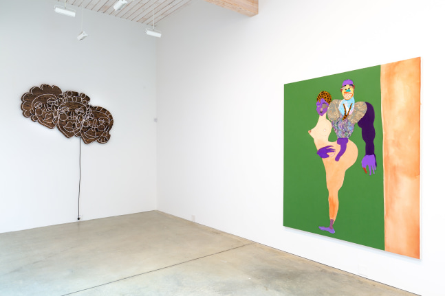 Installation view of paintings and sculptures by Tschabalala Self
