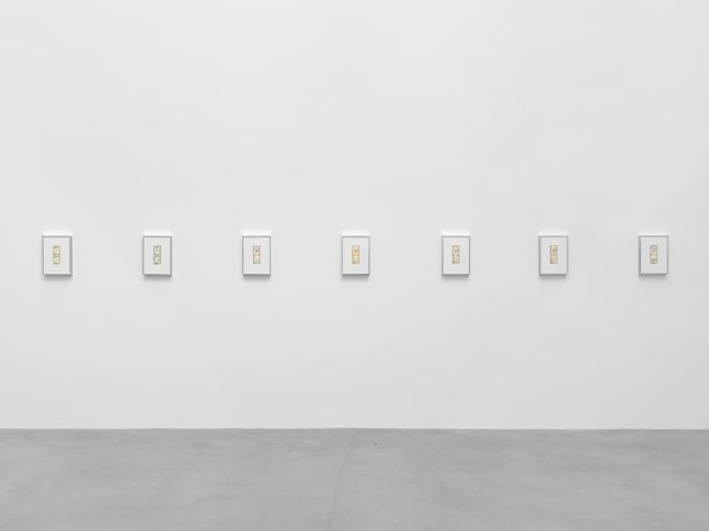 Installation view of Walead Beshty collage, photography, and sculpture exhibition