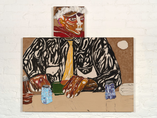 Heavy Is The Head That Wears The Cotton

2025

Acrylic, cotton and coffee on cotton canvas, 2 parts

Painting 1 61 x 91.5 cm / 24 x 36 in

Painting 2 25.5 x 25.5 cm / 10 x 10 in

&amp;copy; Chase Hall