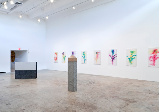 Installation view of paintings and sculptures by Sam Falls