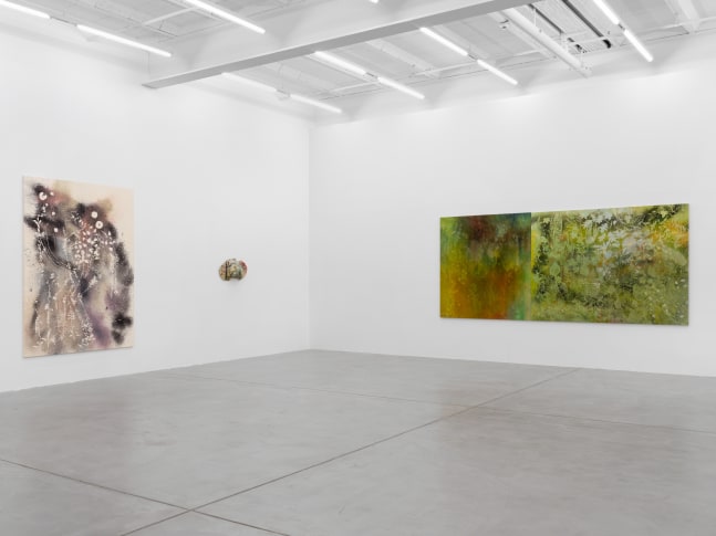 Installation view of Sam Falls paintings and ceramic reliefs exhibition