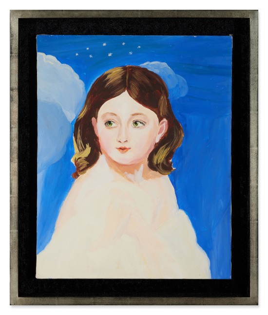 portrait of a young woman with dark hair and blue background by Karen Kilimnik