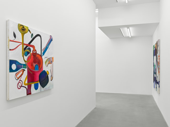 Installation view of paintings and video by Alex Hubbard