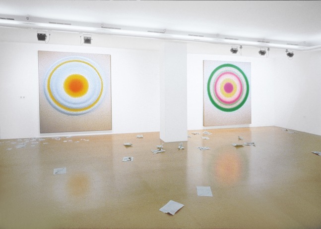 Installation view of paintings and sculptures by Ugo Rondinone