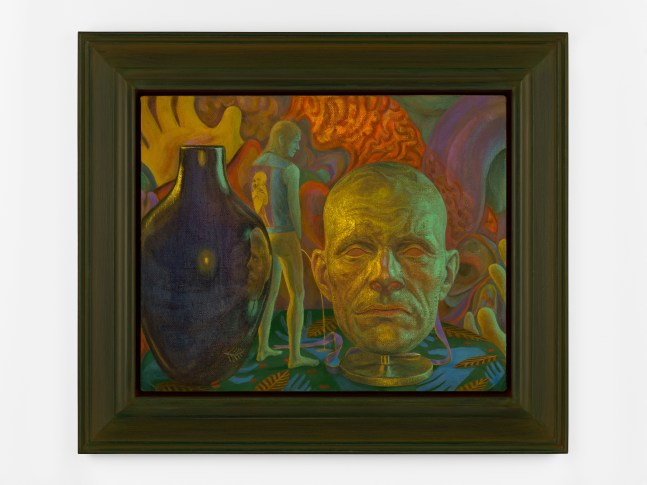 dark green painting with a figure and a portrait by Steven Shearer