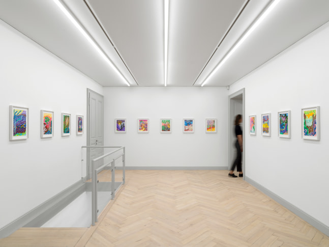 Installation view of Shara Hughes paintings and works on paper exhibition