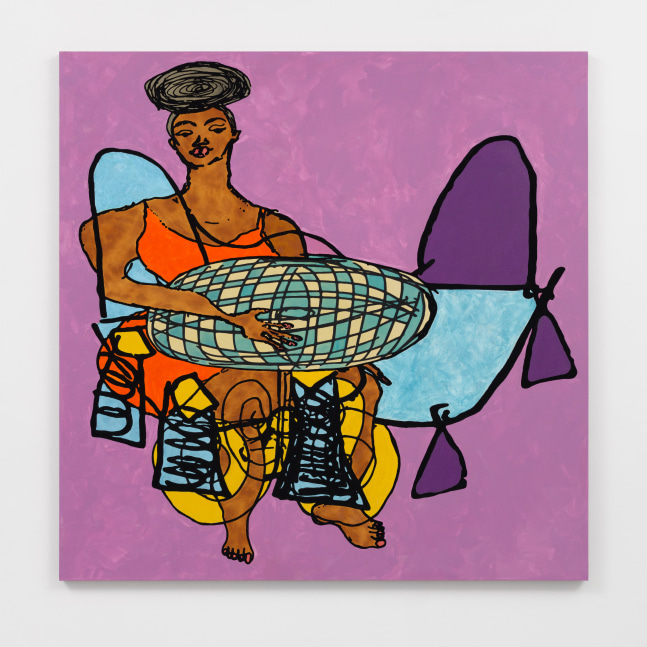 Leisure Woman in Orange Dress in Purple Room

2023

Silkscreen, enamel paint, acrylic paint, gauche, oil stick, oil pastel, and

pastel on canvas

183 x 183 cm / 72 x 72 in

&amp;copy; Tschabalala Self