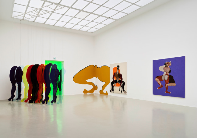 Installation view of paintings and sculptures by Tschabalala Self