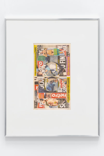 Blind Collage (Seven 180&amp;ordm; Rotations, Metro: Guadalajara, Mexico, Wednesday, August 19, 2015)

2021

Newspaper, tape, and 22 karat gold leaf

Sheet 57.5 x 32 cm / 22 5/8 x 12 1/2 inches

BESHT47880