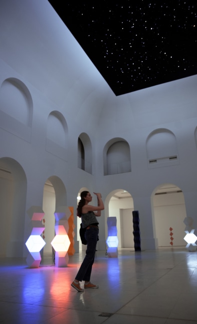 Installation view of sculptures and painting by Angela Bulloch